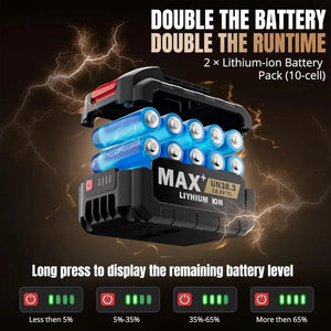 Batería de iones de litio de 10 celdas para 4-in-1 High-Power Cordless Handheld Car, con indicadores de nivel de carga.