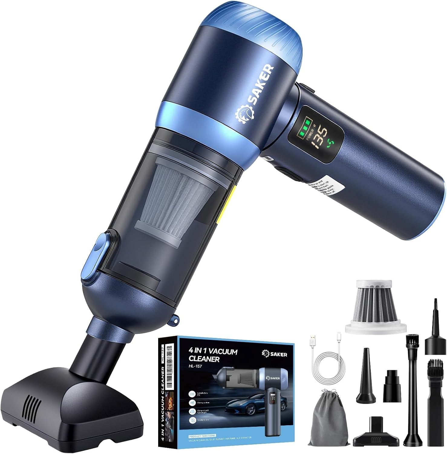 SAKER 4-in-1 Cordless Handheld Car Vacuum Cleaner (HL-157) – Digital Display Air Blower, Inflator Pump & Vacuum Sealer Kit
