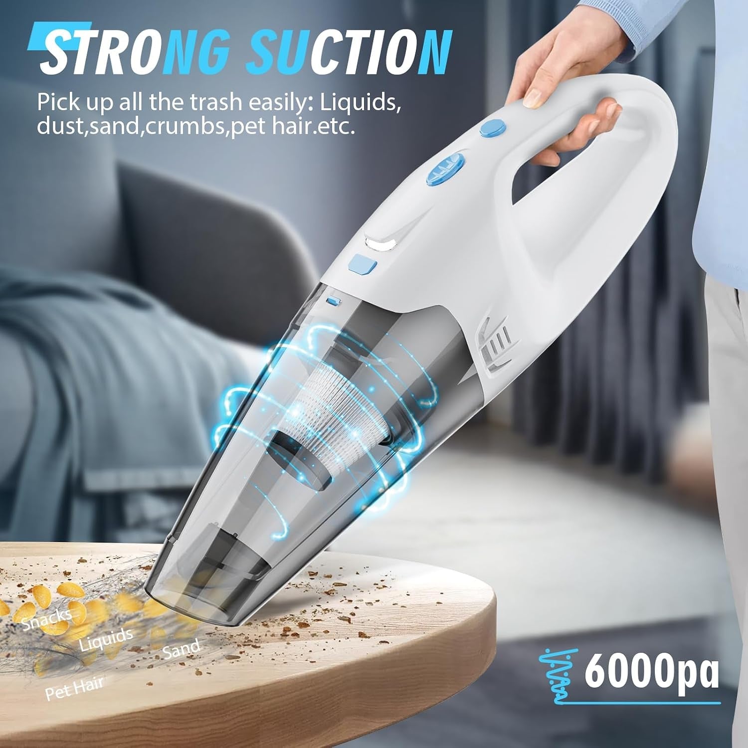 6000Pa Strong Suction Cordless Handheld Vacuum Cleaner – Wet & Dry Portable Auto Vacuum for Pet Hair, Spills & Crumbs