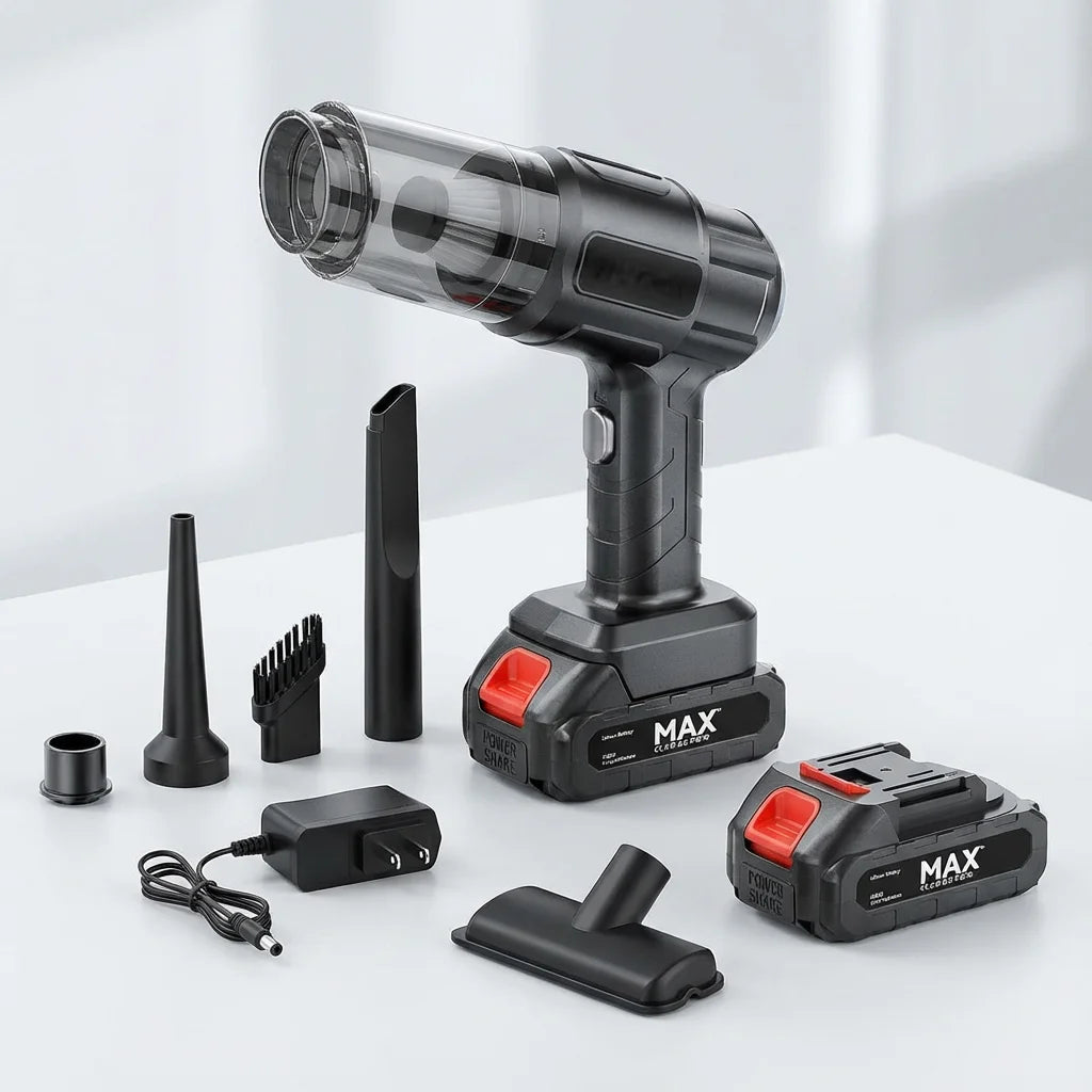 A 4-in-1 High-Power Cordless Handheld Car vacuum kit with accessories and batteries.
