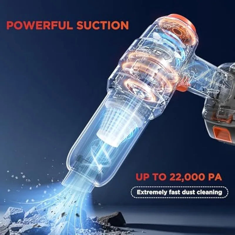 4-in-1 High-Power Cordless Handheld Car con potente succión hasta 22,000 PA para limpieza rápida.