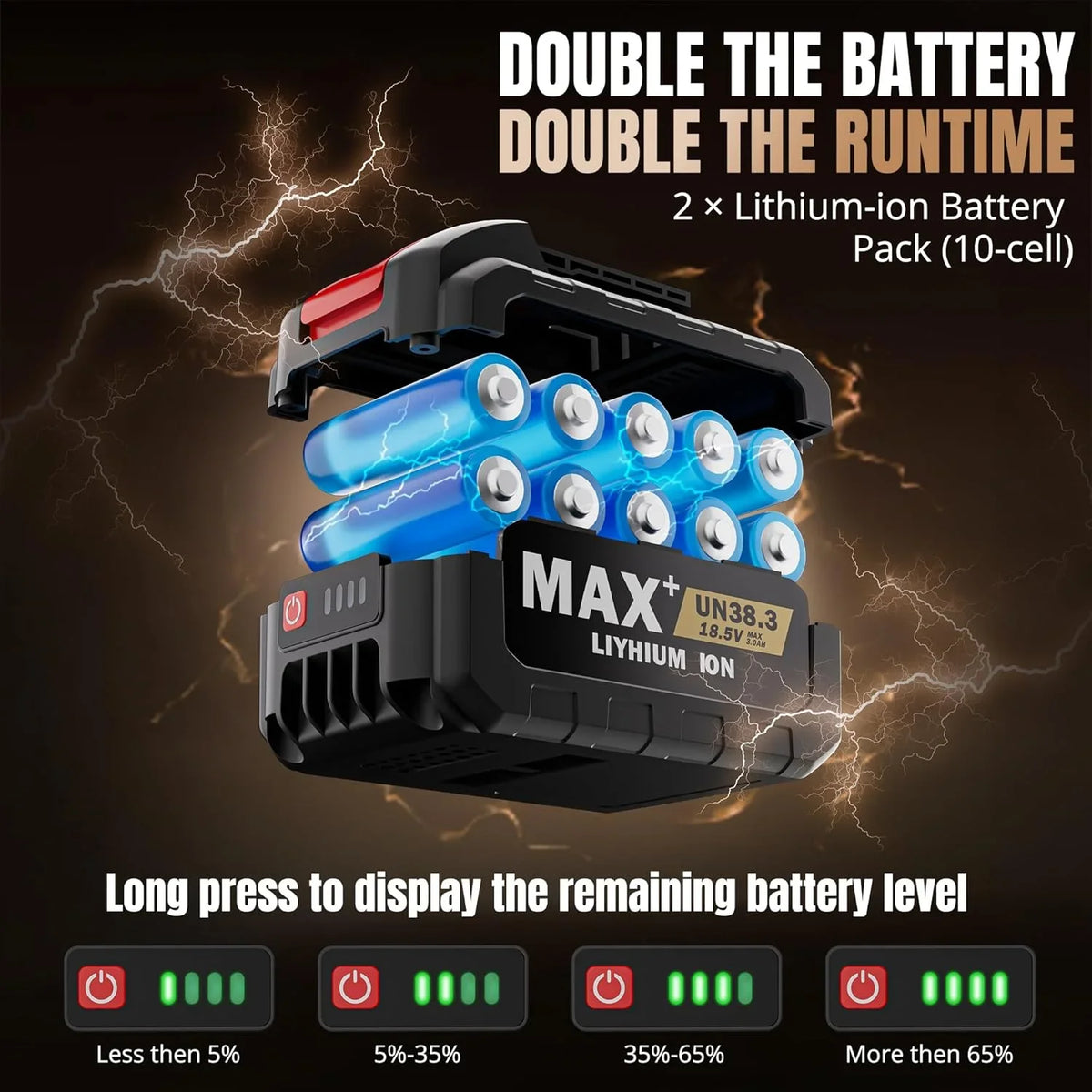 Batería de iones de litio de 10 celdas para 4-in-1 High-Power Cordless Handheld Car, con indicadores de nivel de carga.