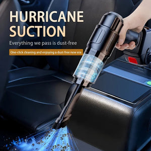 A powerful 4-in-1 High-Power Cordless Handheld Car vacuum demonstrating hurricane suction for effortless cleaning.